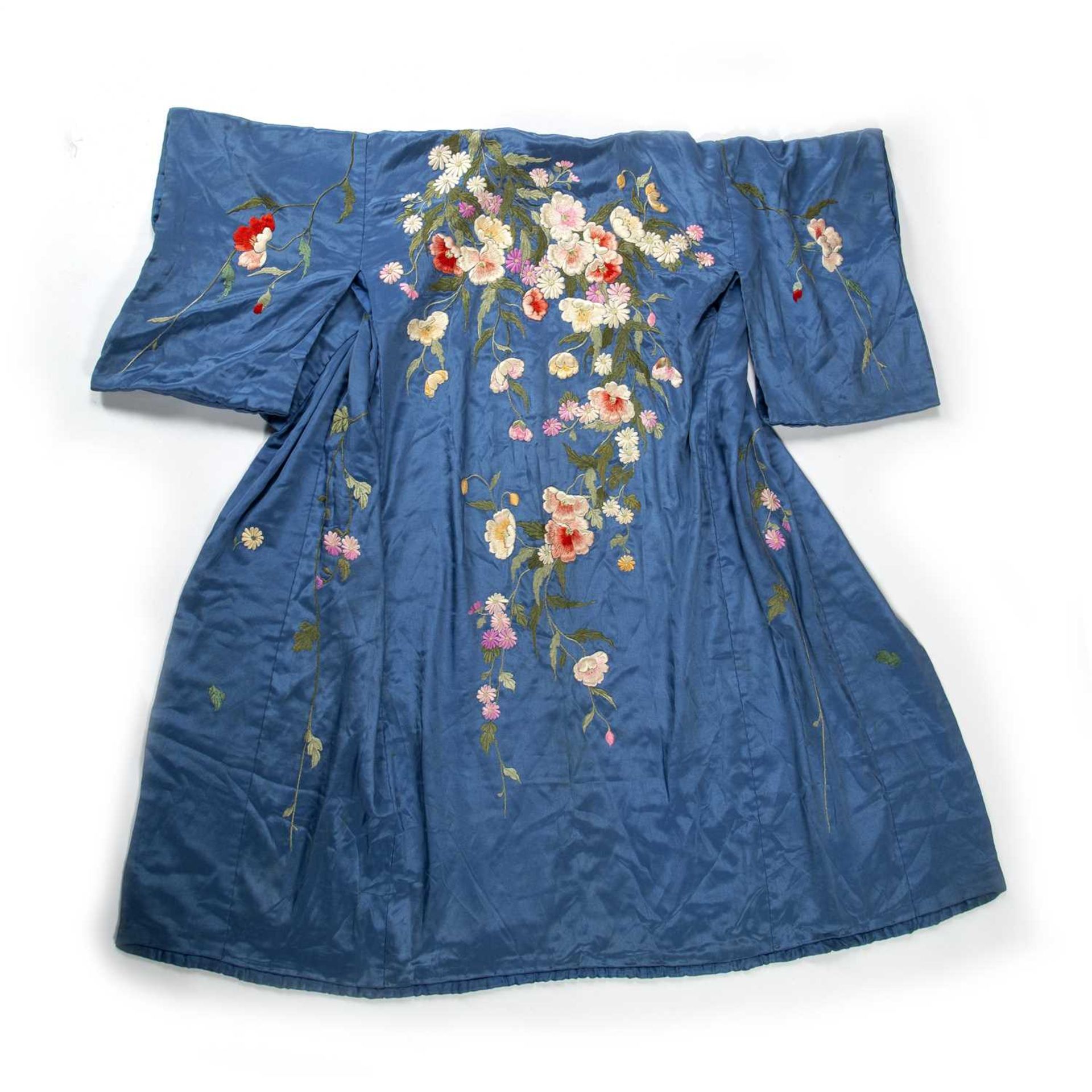 Japanese Kimono of blue ground with embroidered decoration Provenance: Brought back from Japan - Image 2 of 2