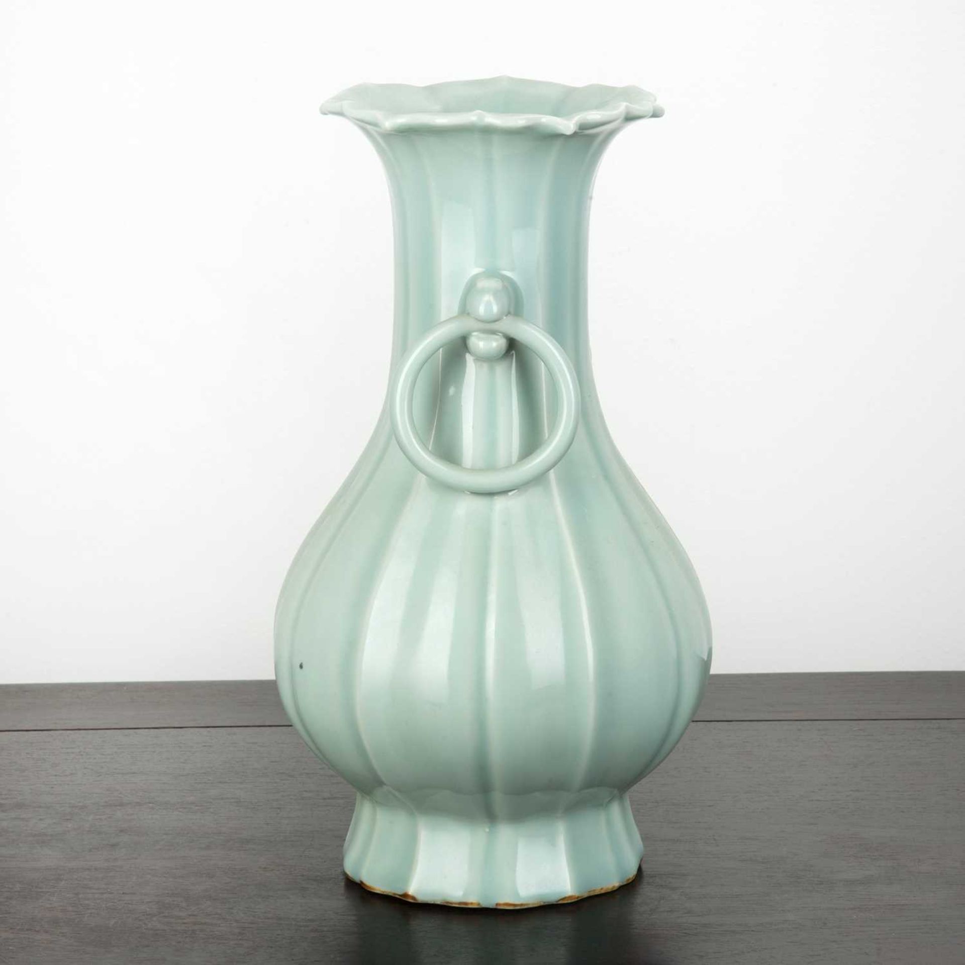 Celadon riveted vase Chinese covered with a pale celadon glaze, flanked by two set handles with - Image 2 of 5