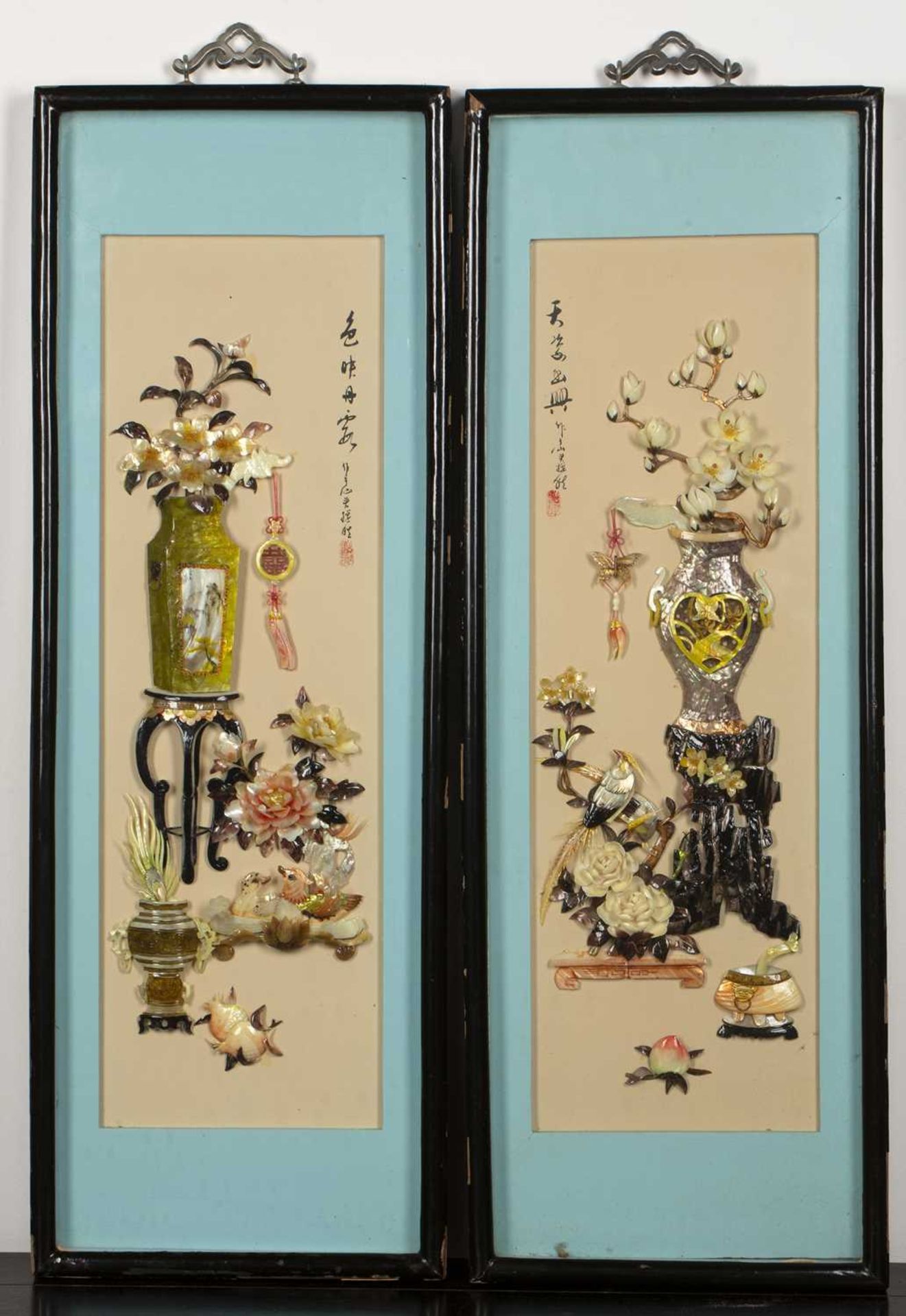Pair of framed pictures containing hardstones Chinese, 20th Century both depicting an arrangement of - Image 2 of 3