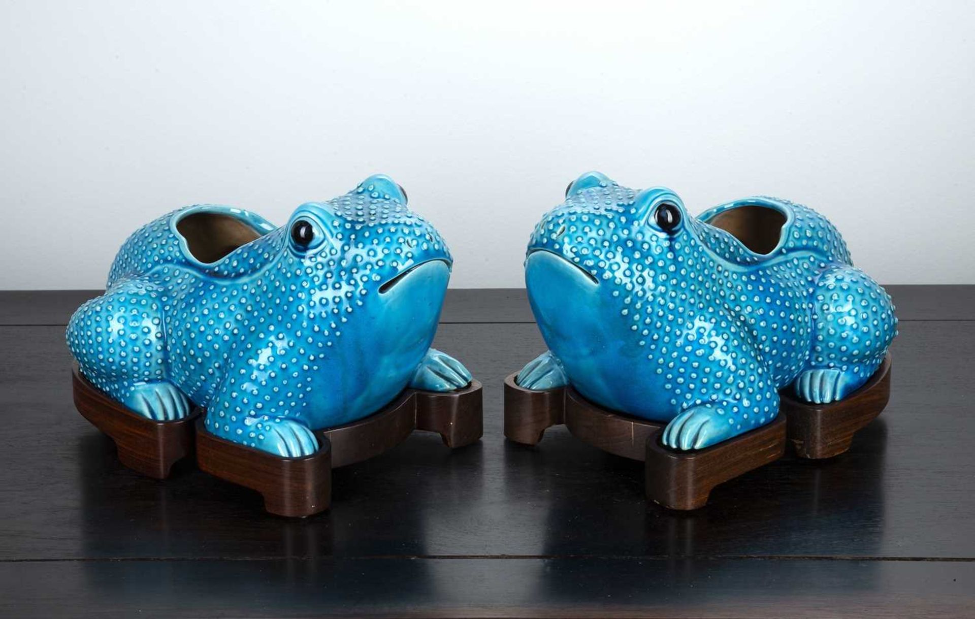 Pair of flower holders in the form of toads Chinese, 20th Century each heavily potted and of pale