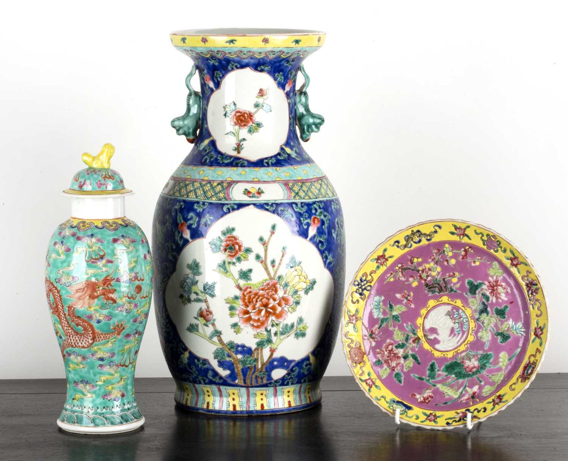 Group of three Nonya and other pieces Chinese, Malacca Straits to include a green ground vase and