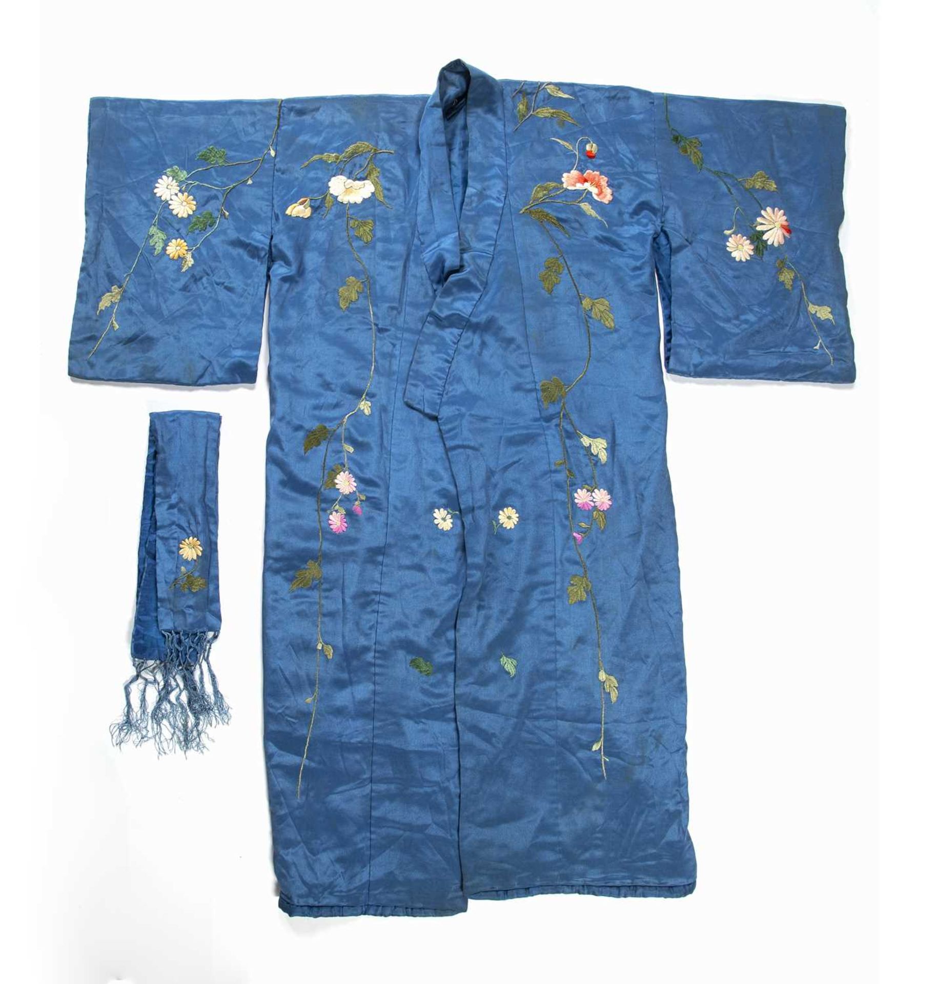 Japanese Kimono of blue ground with embroidered decoration Provenance: Brought back from Japan