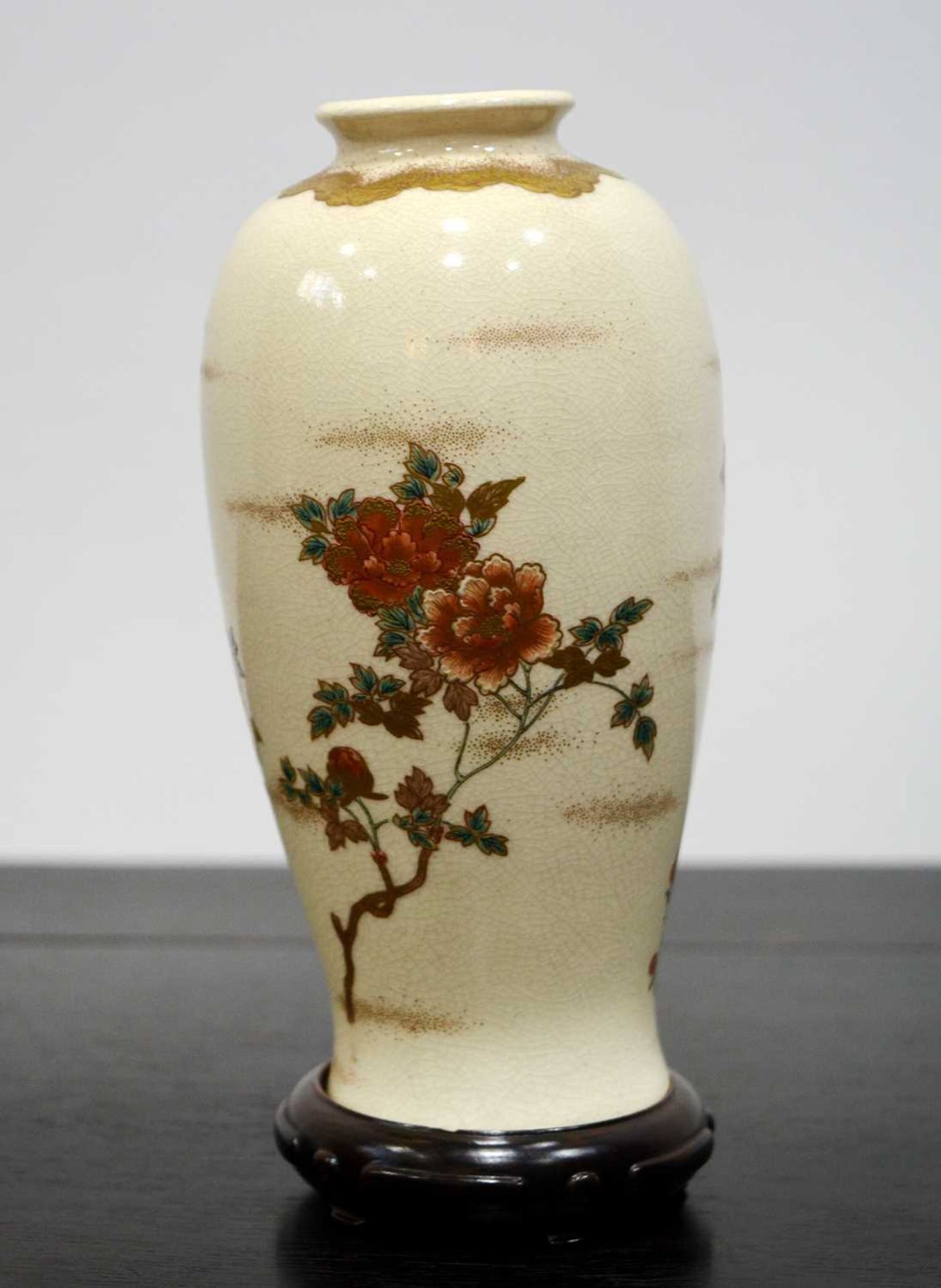 Kyoto Satsuma inverted baluster vase Japanese, late Meiji decorated with a peacock perched upon a - Image 2 of 5