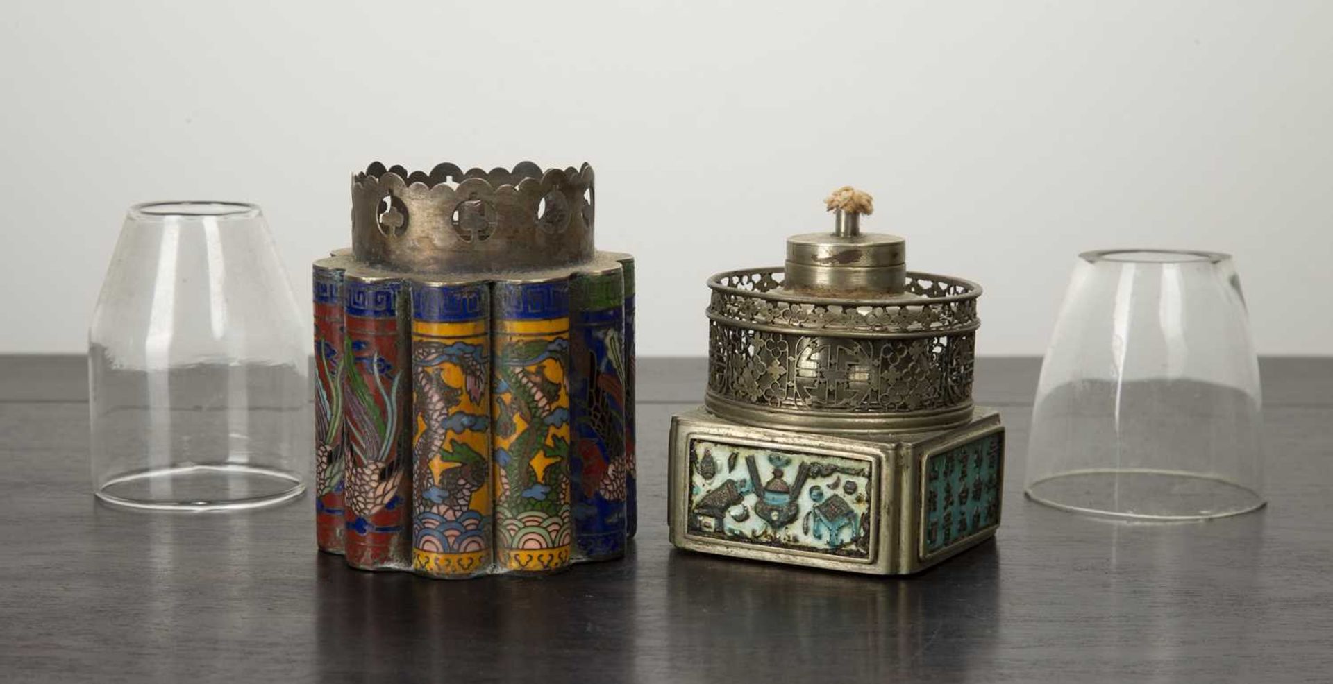 Two oil lamps Chinese, circa 1900 the smaller lamp with turquoise enamel panels to the pierced metal - Image 2 of 2