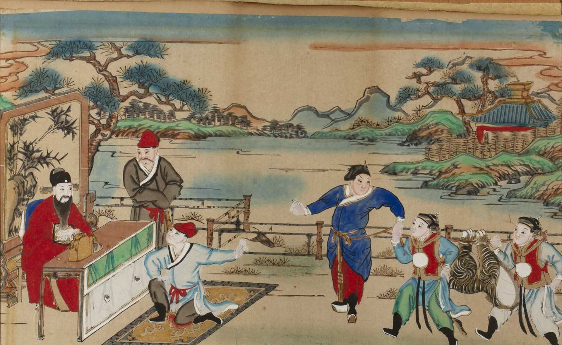 Late 19th/early 20th Century Chinese School Pair of ceremonial scenes, watercolour and woodblock - Image 4 of 6