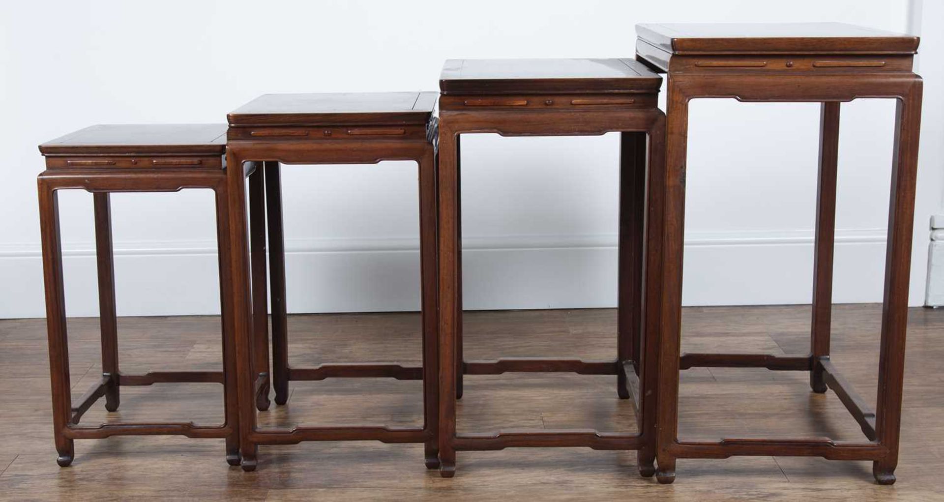 Nest of four hardwood tables Chinese, circa 1900 each with a rectangular top and on shaped - Image 3 of 6