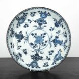 Blue and white shallow dish Chinese, circa 1800 with sprays of lotus and other flowers, 27.5cm