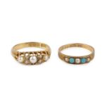 Two antique half pearl set dress rings, comprising a half pearl and diamond half hoop ring, 18ct