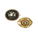 A 19th century pietra dura panel brooch, the oval panel designed as a spray of flowerheads and