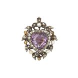 A late 19th/early 20th century amethyst, diamond and pearl pendant/brooch, centred with a heart-