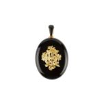 A 19th century memorial locket pendant, the oval onyx locket applied with gold monogram,