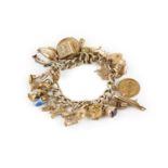 A charm bracelet, the 9ct gold curb-link bracelet with padlock clasp, suspending a collection of