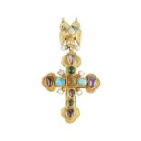 A vari gem-set and enamel cross pendant, accented with variously shaped cabochon and faceted