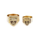 Two 18ct gold signet rings, each with a shield-shaped panel depicting the MacPherson Coat of Arms,