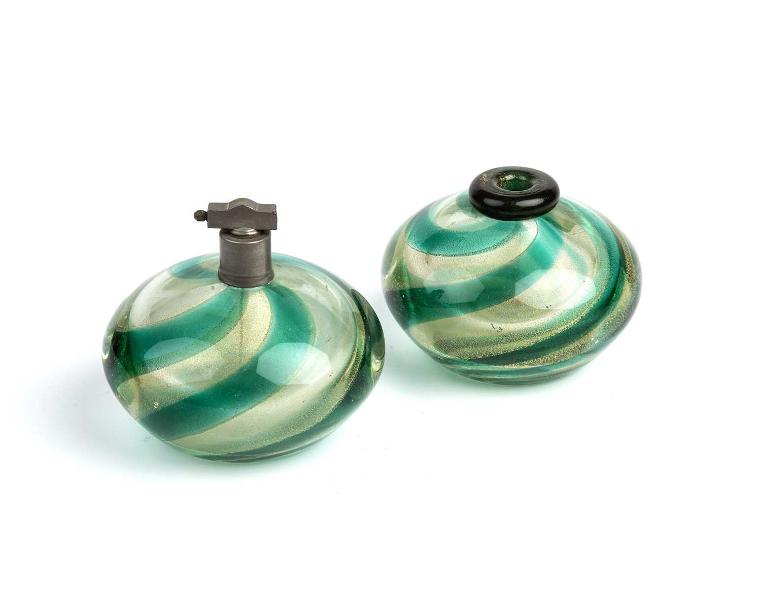 Art Deco Two vases, probably French glass, with a swirled pattern in green and gold 10cm high.