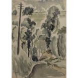 George Bissill (1896-1973) Village Road with Pylons signed (lower left) watercolour 45 x 30cm.