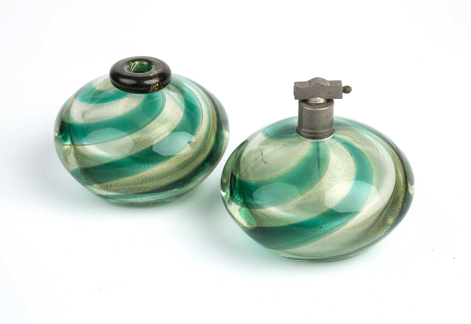Art Deco Two vases, probably French glass, with a swirled pattern in green and gold 10cm high. - Image 2 of 3