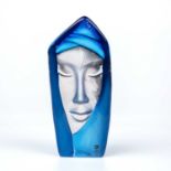 Mats Jonasson for Målerås Sculpture block glass cast with face within a blue border applied label,