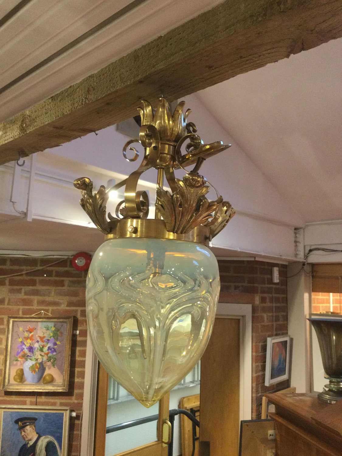 Arts and Crafts A pair of hanging ceiling lights, circa 1910 vaseline glass shades with brass mounts - Image 8 of 11