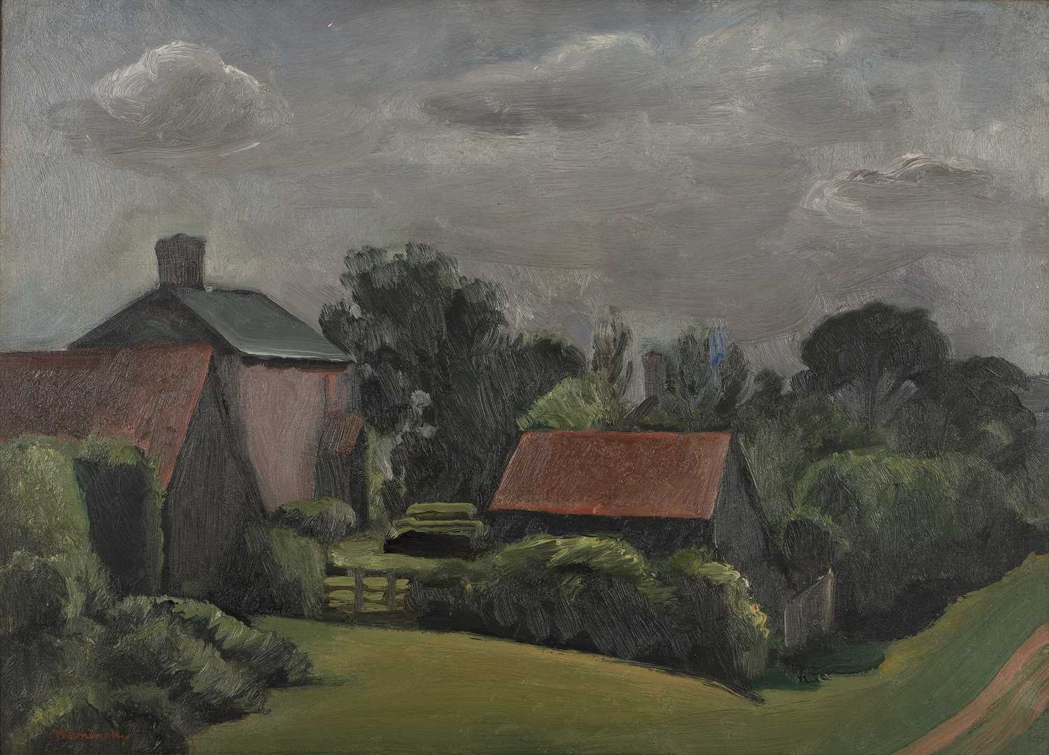 Bernard Meninsky (1891-1950) A Hampshire Farm, 1925 signed (lower left), dated (to reverse) oil on