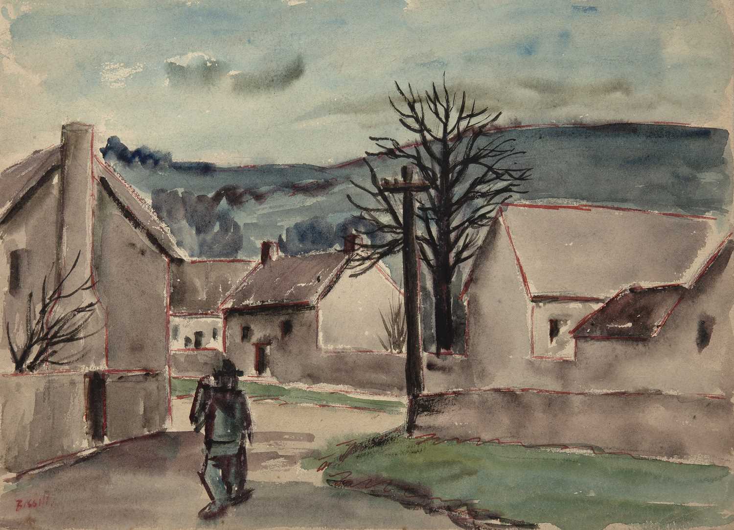 George Bissill (1896-1973) Figure in a Village signed (lower left) watercolour 30 x 39cm,