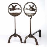Cotswold School A pair of Arts and Crafts andirons, circa 1920 steel, decorated with flying ducks