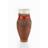 Robin Welch (1936-2019) Vessel textured glaze under red band and white rim impressed potter's seal