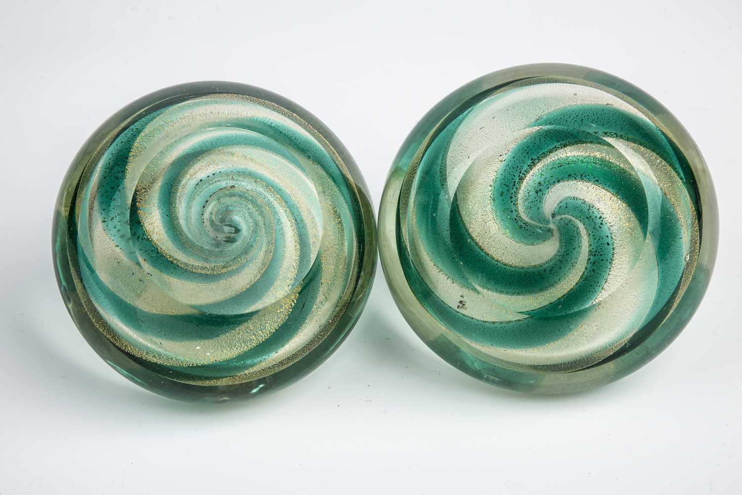 Art Deco Two vases, probably French glass, with a swirled pattern in green and gold 10cm high. - Image 3 of 3