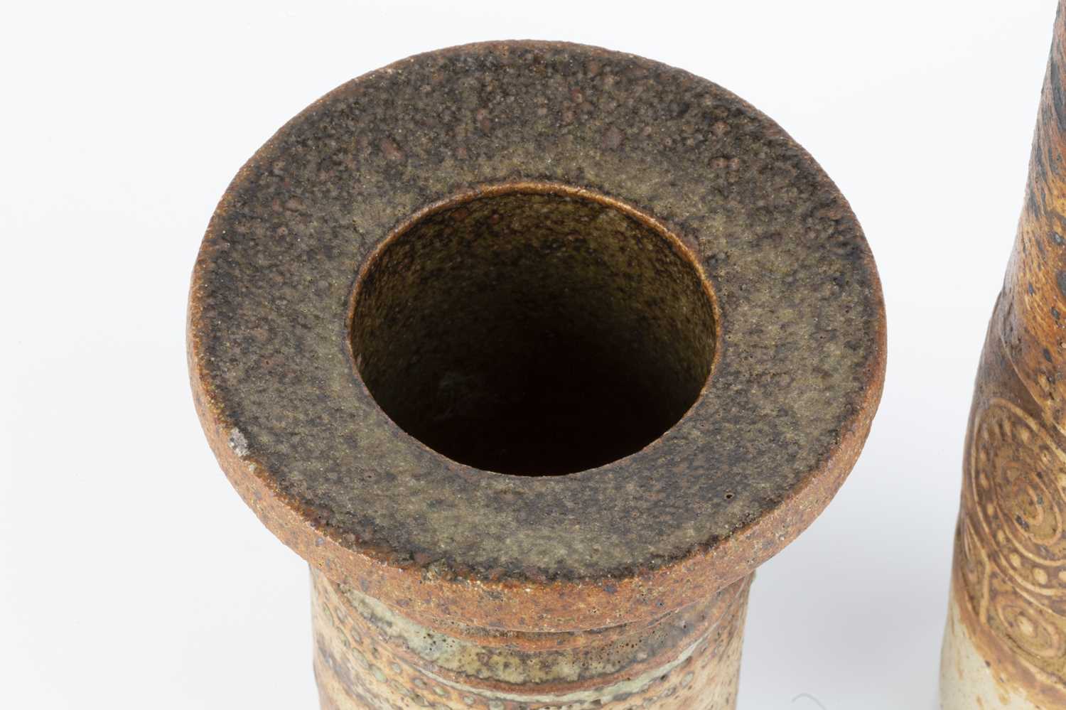 Alan Wallwork (1931-2019) Cylindrical vessel and a smaller vase stoneware incised initials 28cm - Image 3 of 4