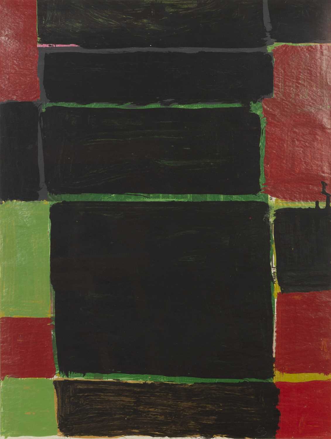 Frank Beanland (1936-2019) Green and Red signed with initials (lower) acrylic on newspaper 60 x