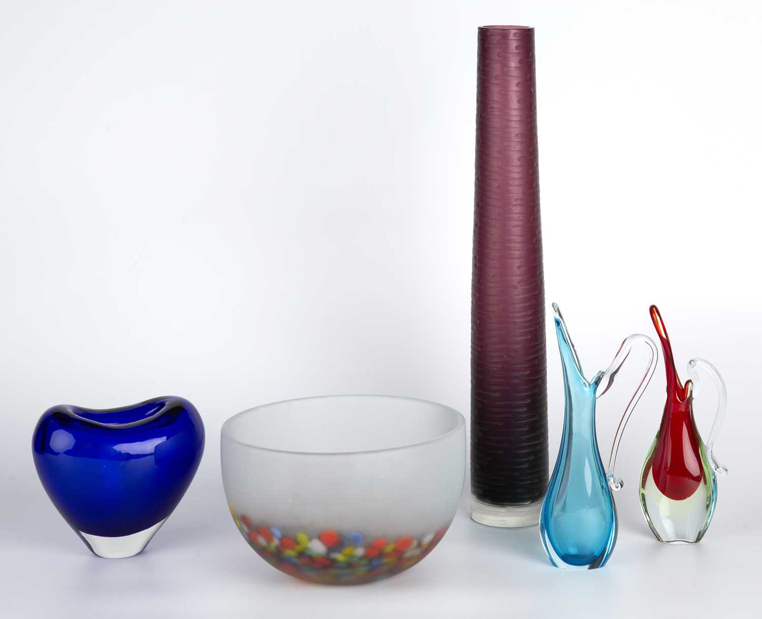 Murano Five pieces of glass including a heart-shaped blue glass vase 15cm high; two sommerso jugs, - Image 2 of 3
