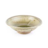Jim Malone (b.1946) Footed dish with green ash glaze and incised decoration impressed potter's