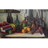 Scottish Colourist School Still Life of Fruit, Books, and Bottles oil on board 53 x 92cm.