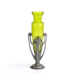 W.M.F. Vase pewter mounts with green glass liner impressed marks 26cm high.