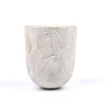 Mary Rogers (b.1929) Vessel carved leaf decoration and white glaze incised initials 15.5cm high.