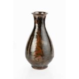 Jim Malone (b.1946) at Ainstable Pottery Bottle vase tenmoku with iron brushwork motif impressed