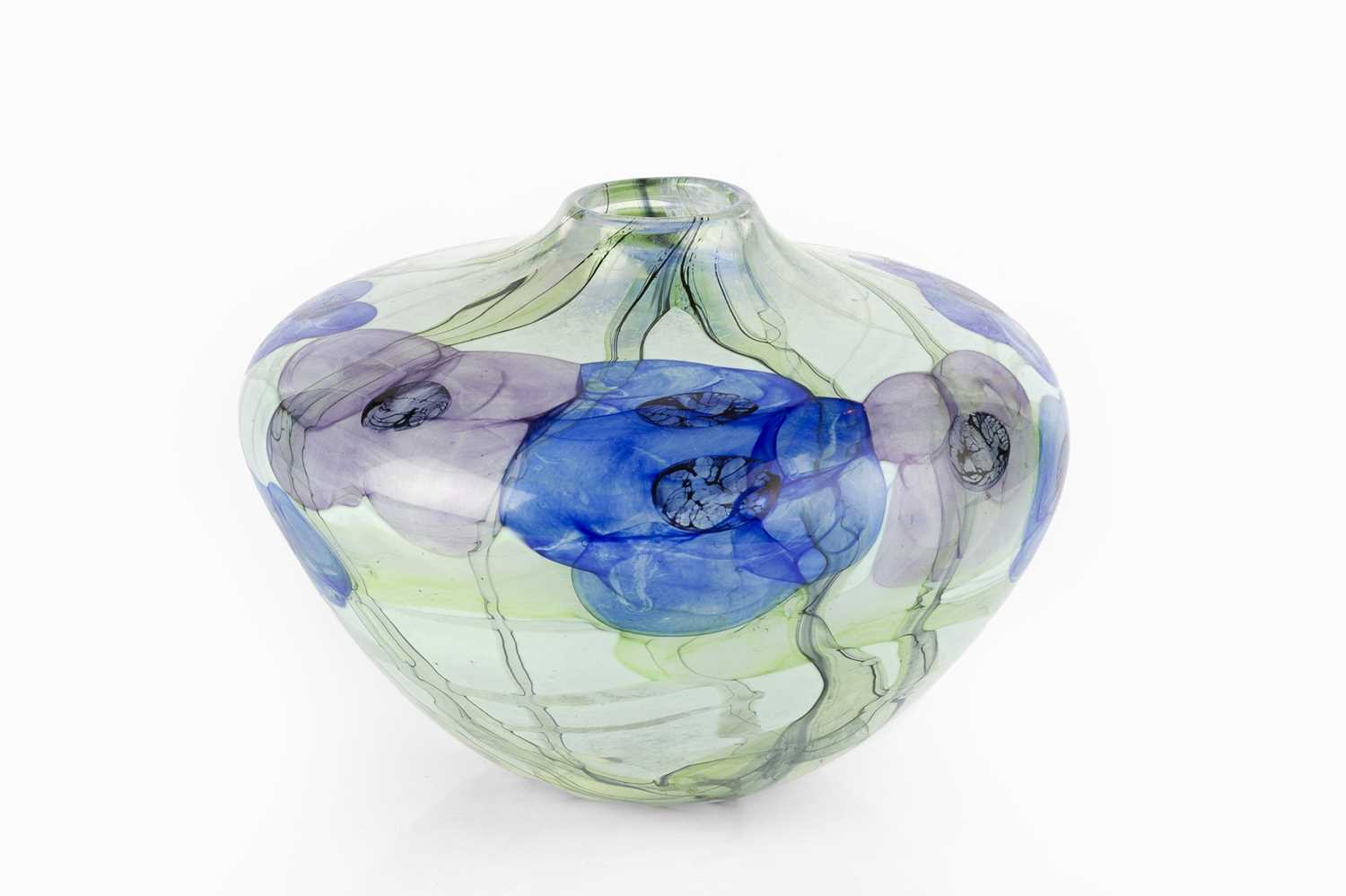 Peter Layton (b.1937) Vase, 1990 glass, decorated with blue and purple flowers signed and dated 13.
