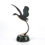 Modern School Duck in flight patinated and polished bronze 27cm high.