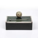 Sanders & MacKenzie Cigarette box silver, ebony and faux malachite, with golf ball and club to top