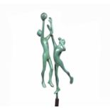 Jill Sanders (b.1930) Ball Games 3/9, signed and numbered green-patinated bronze on metal stand 54cm