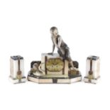 Art Deco Clock garniture onyx and marble, modelled with a seated girl and a swan the clock signed '