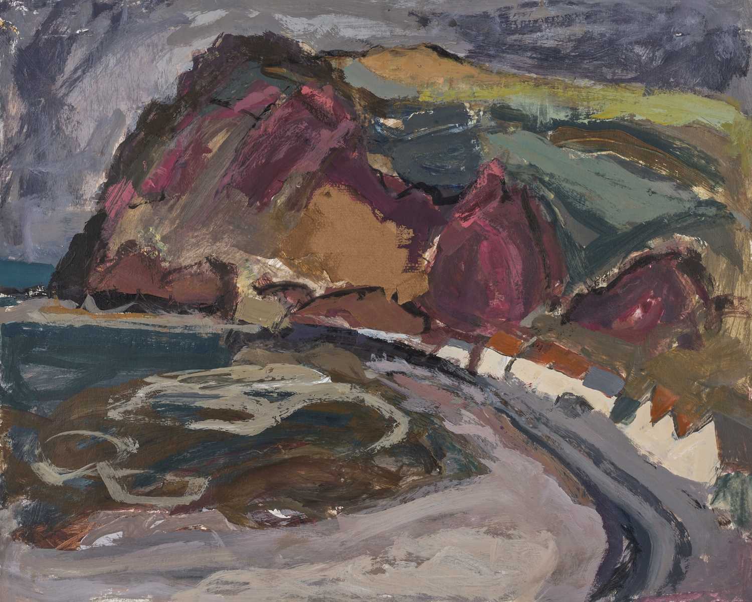 Sheila MacMillan (1928-2018) Scottish Coastal View signed (to reverse) oil on paper 39 x 41cm,