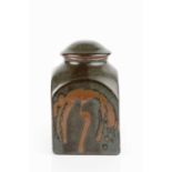 Bernard Leach (1887-1979) Tea Caddy dark green glaze with wax resist Willow pattern in iron glaze