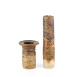 Alan Wallwork (1931-2019) Cylindrical vessel and a smaller vase stoneware incised initials 28cm