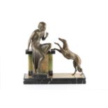 Art Deco Figure of a lady and greyhound bronzed metal, onyx and marble 43cm high, 43cm wide.