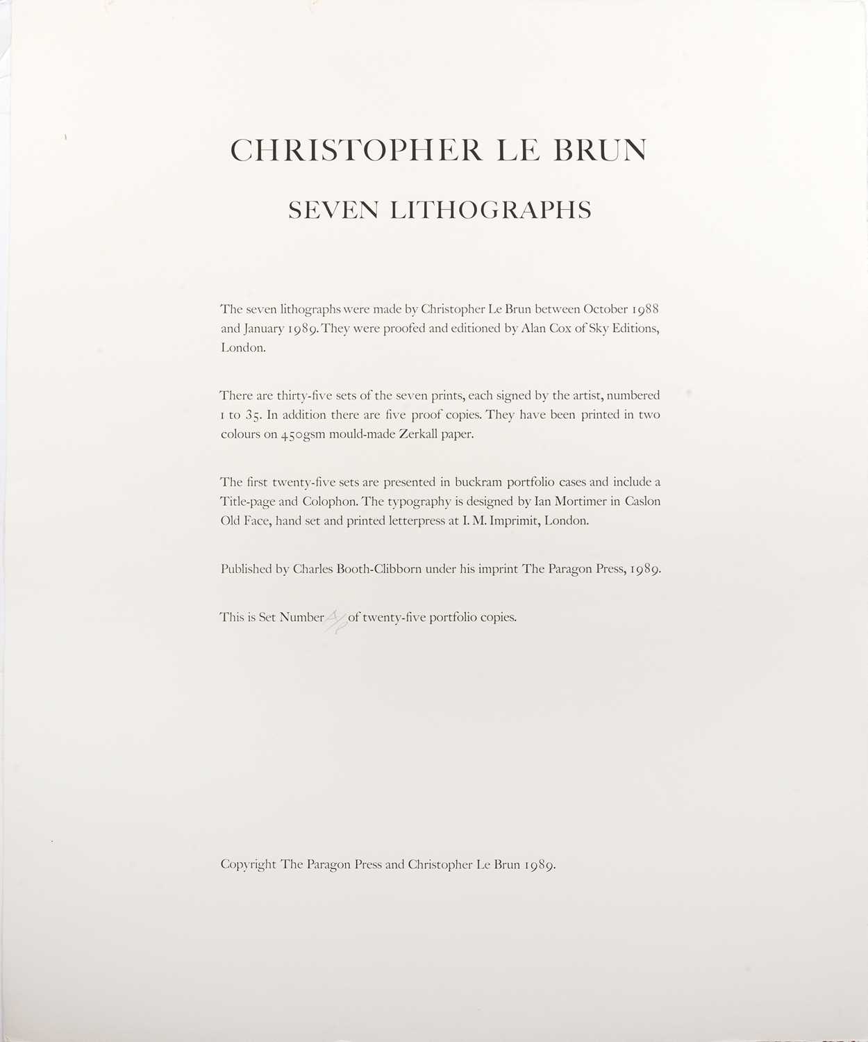 Christopher Le Brun (b.1951) Seven Lithographs, 1989 artist's proof, inscribed to the title page 'To - Image 2 of 9