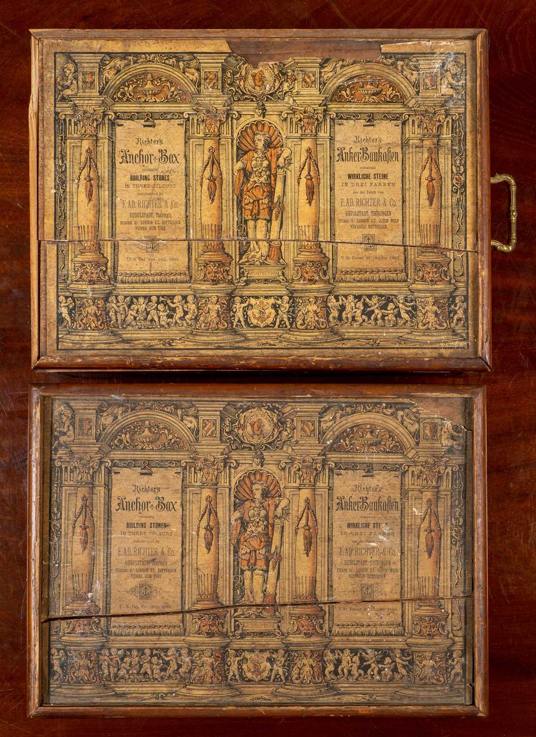 Two 19th century pine-cased sets of Richter's Anchor Box Building Stones, each box with three pull- - Image 4 of 4