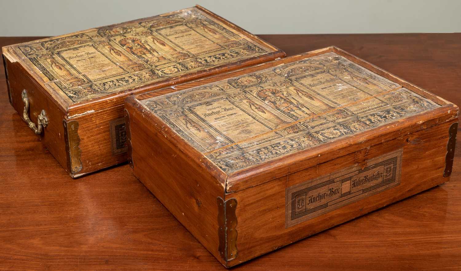 Two 19th century pine-cased sets of Richter's Anchor Box Building Stones, each box with three pull-