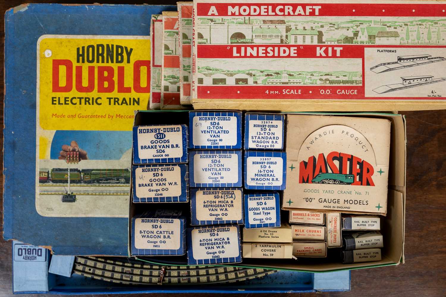 Hornby Dublo and Master Models items, to include 10 boxed vans and wagons, an unmade 'Lineside'