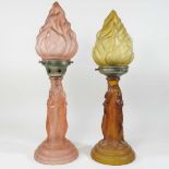 Two Art Deco coloured glass oil lamps